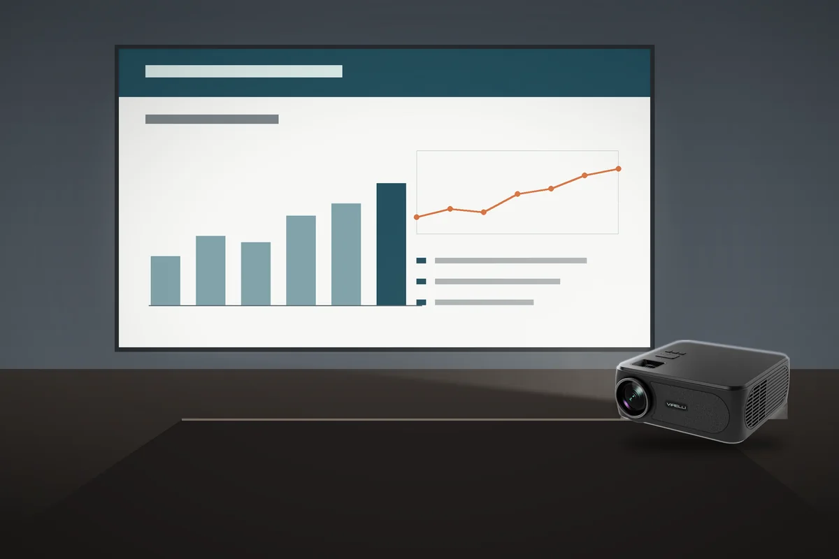 Meeting rooms & classrooms - Virelli V811 Virelli V811 projector on a conference table projecting a business presentation with charts