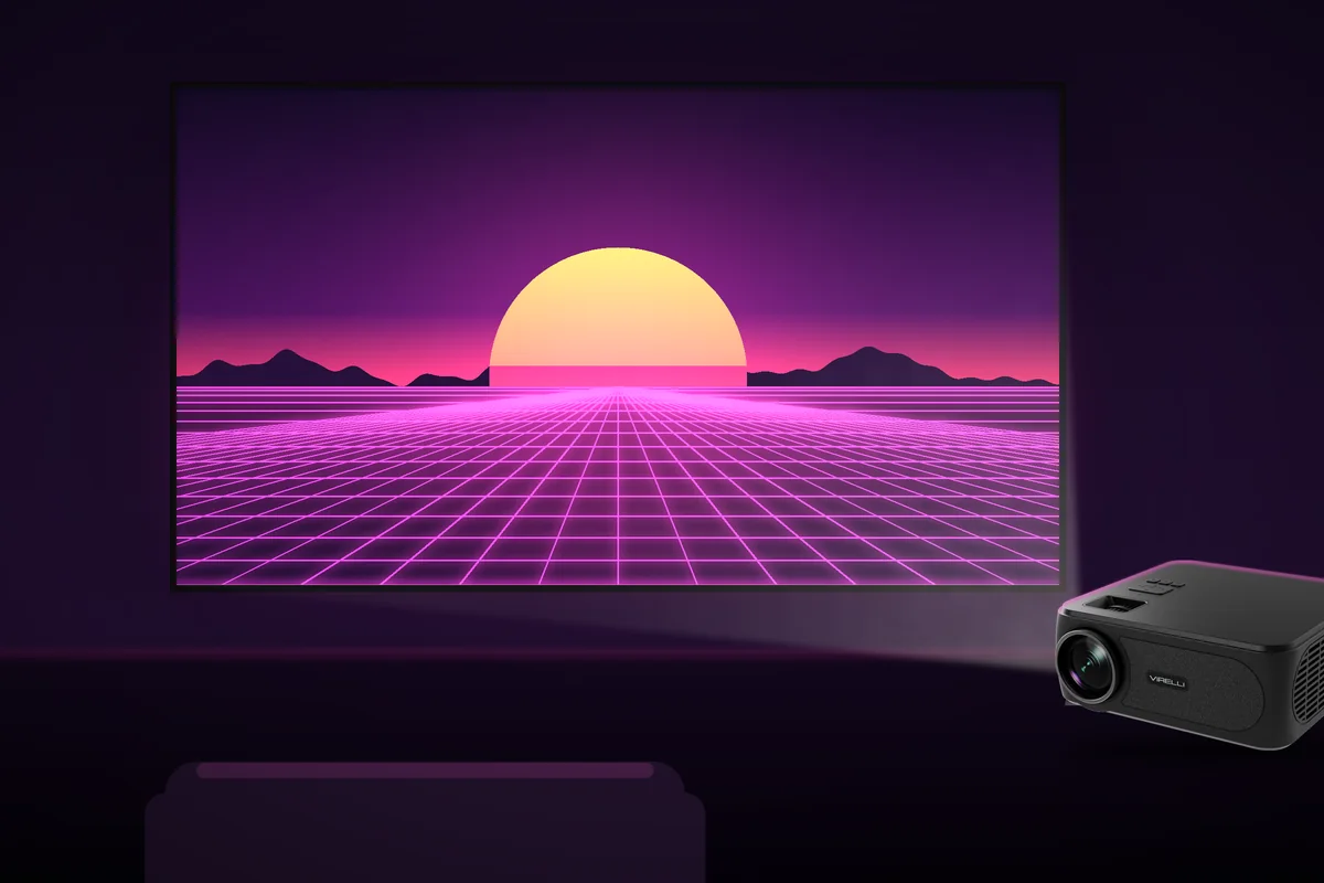 Gaming - Virelli V811 Virelli V811 projector in a gaming room projecting a neon retro game landscape onto a wall screen